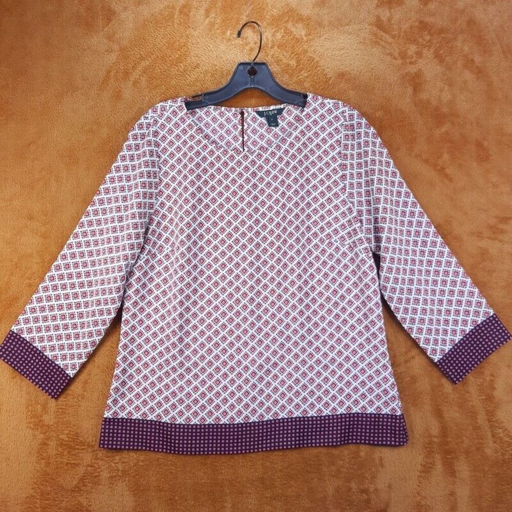 J CREW Womens Top Small Maroon Damask Keyhole Geometric Burgundy Blouse